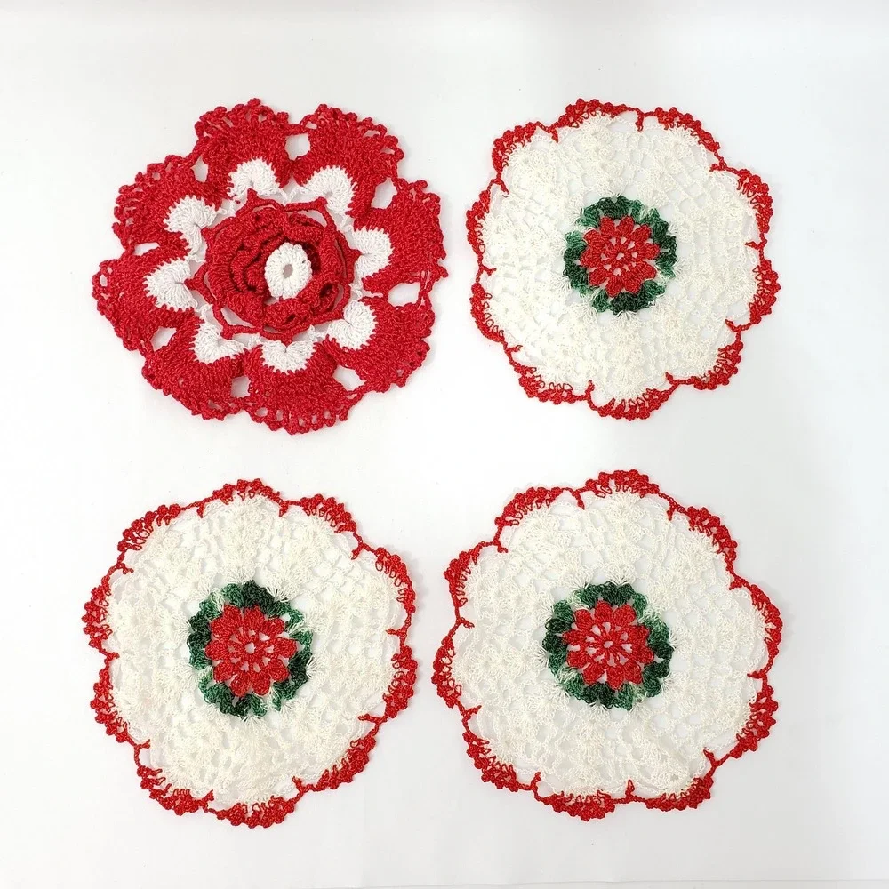 Vintage Crochet Doilies Red White Green 7 Inches Set Of 5